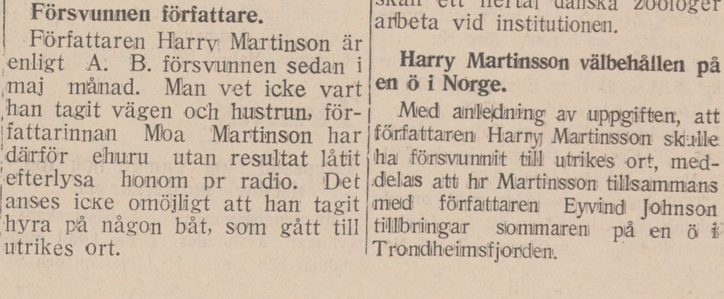 Gulnat tidningsklipp Text: "Försvunnen författare" och "Harry Martinson välbehållen".
