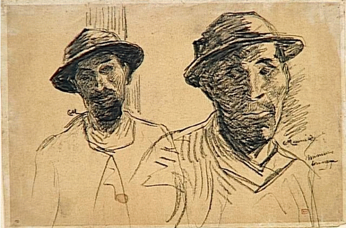 Skiss av två män i hatt mot gul bakgrund.