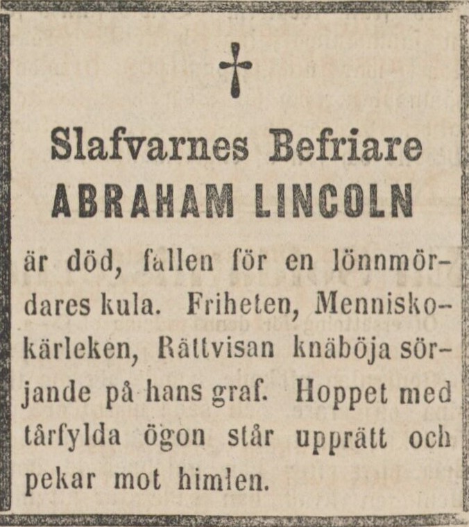 Tidningsklipp från dödsruna. Text: Slafvarnes Befriare Abraham Lincoln.