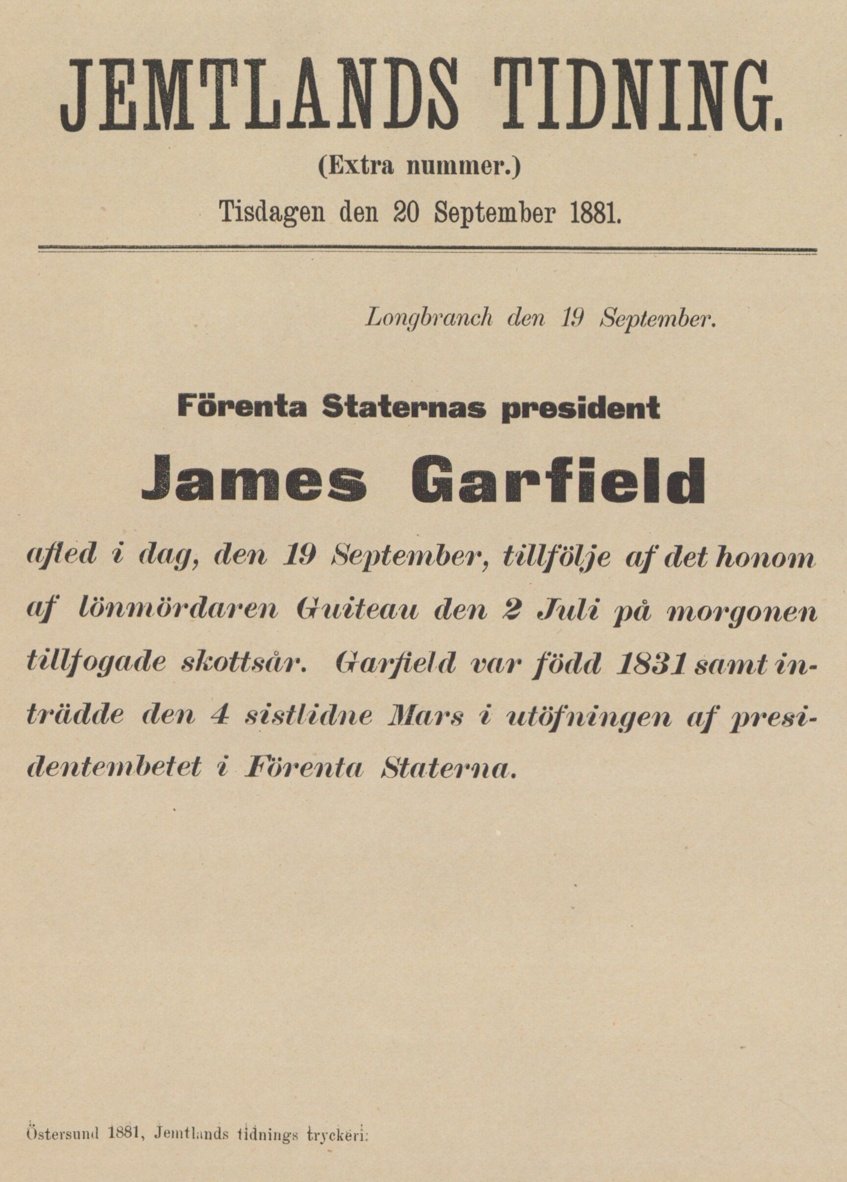 Gul framsida till extratidning. Text: Förenta staternas president James Garfield afled i dag, den 19 september. 