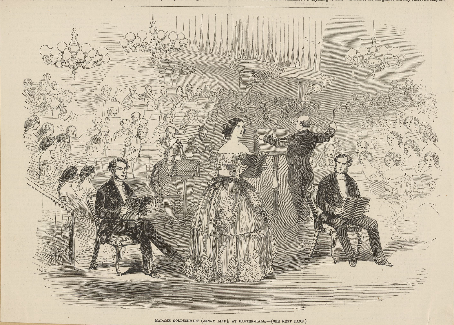 I mitten av bilden står Jenny Lind och sjunger och på var sida om henne sitter två manliga sångare. Bakom dem syns dirigenten och hela orkestern.