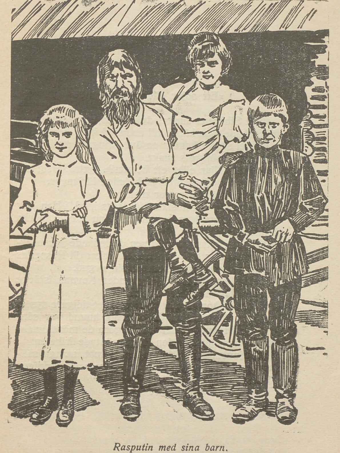 Teckning av familj bestående av tre barn och en pappa, alla ser ondskefulla ut. Text: Rasputin med barn.