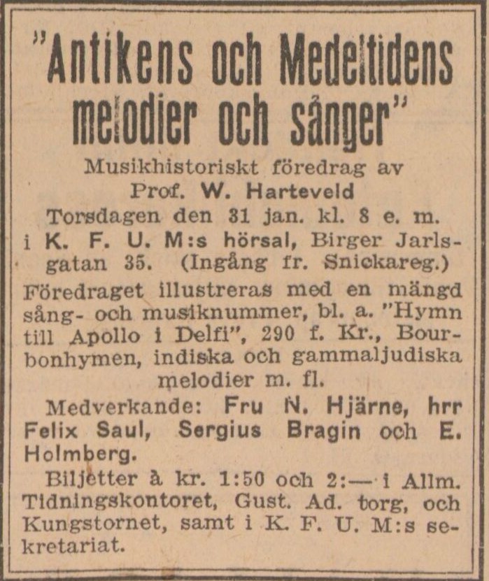Gulnat tidningsklipp. Text: Antikens och medeltidens melodier och sånger.