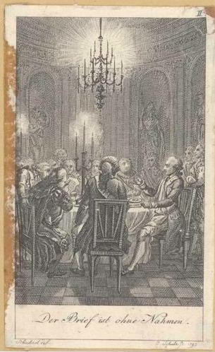 Gustav III sitter vid ett bord och äter tillsammans med fem andra män.  I bakgrunden står tjänstefolk och åskådare, på bordet och i taket lyser tända kandelabrar.