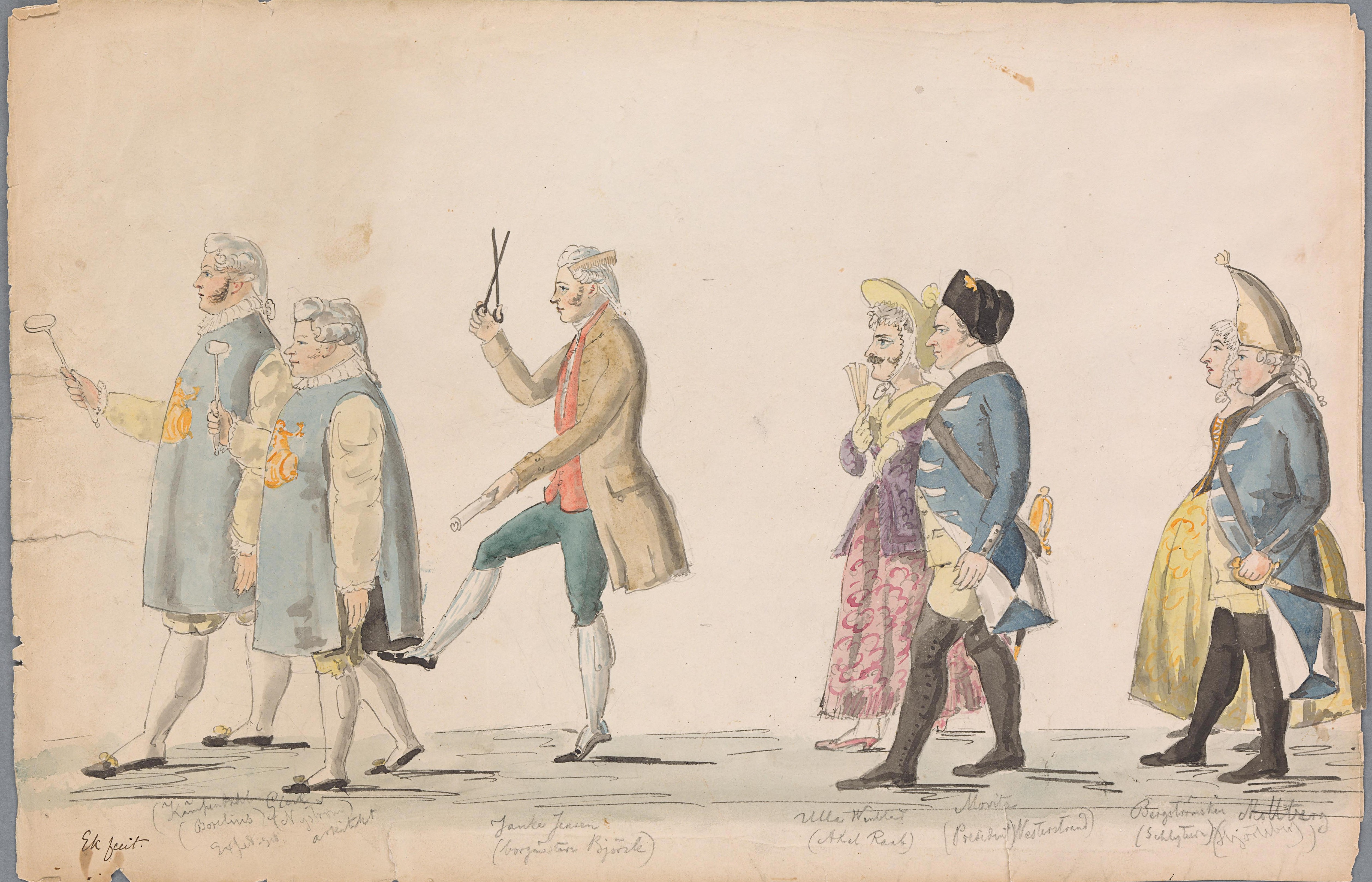 Sju män går i en parad utklädda i 1700-talskläder och peruker