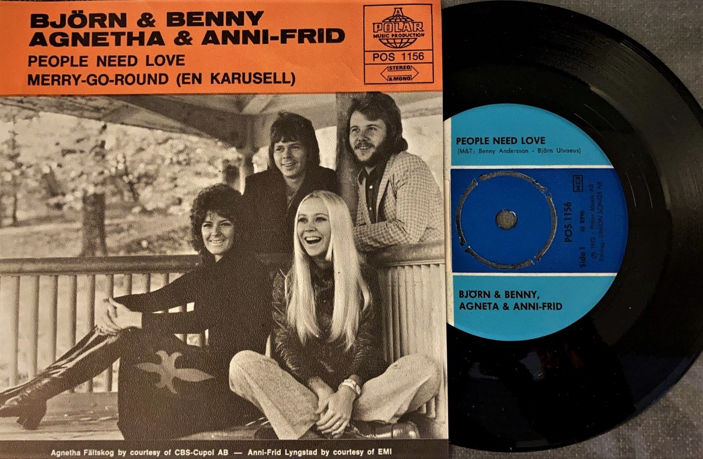 Bild på första gemensamma singeln med ABBA, People Need Love från 1972