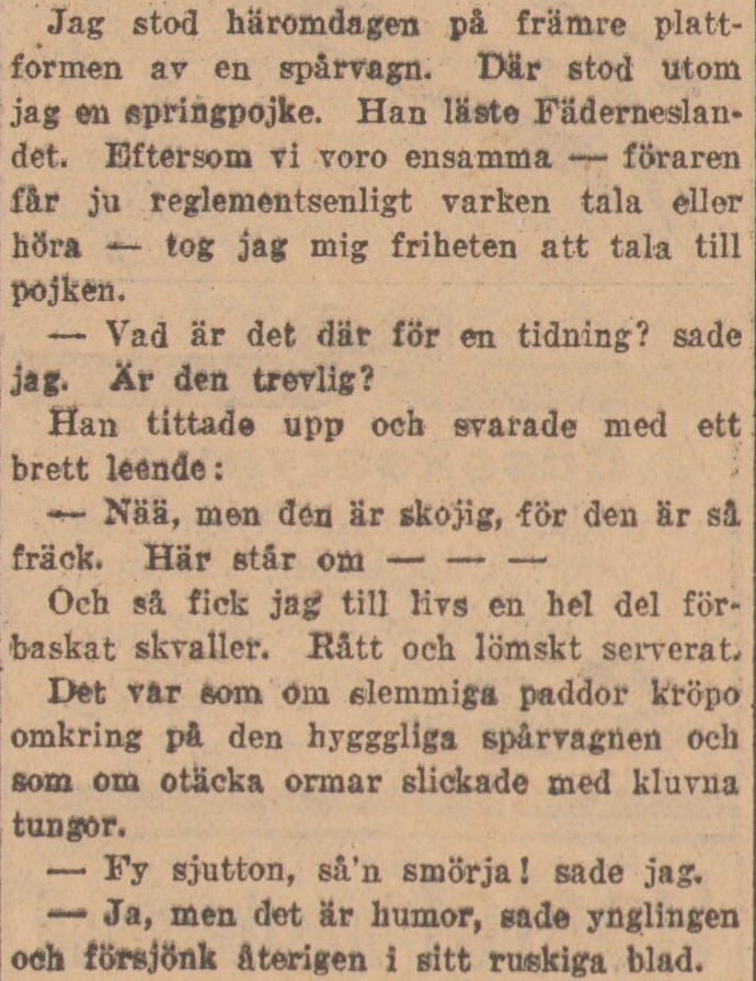 Gulnad del av tidningssida där kvinna skriver om möte med ung man som läser Fäderneslandet.