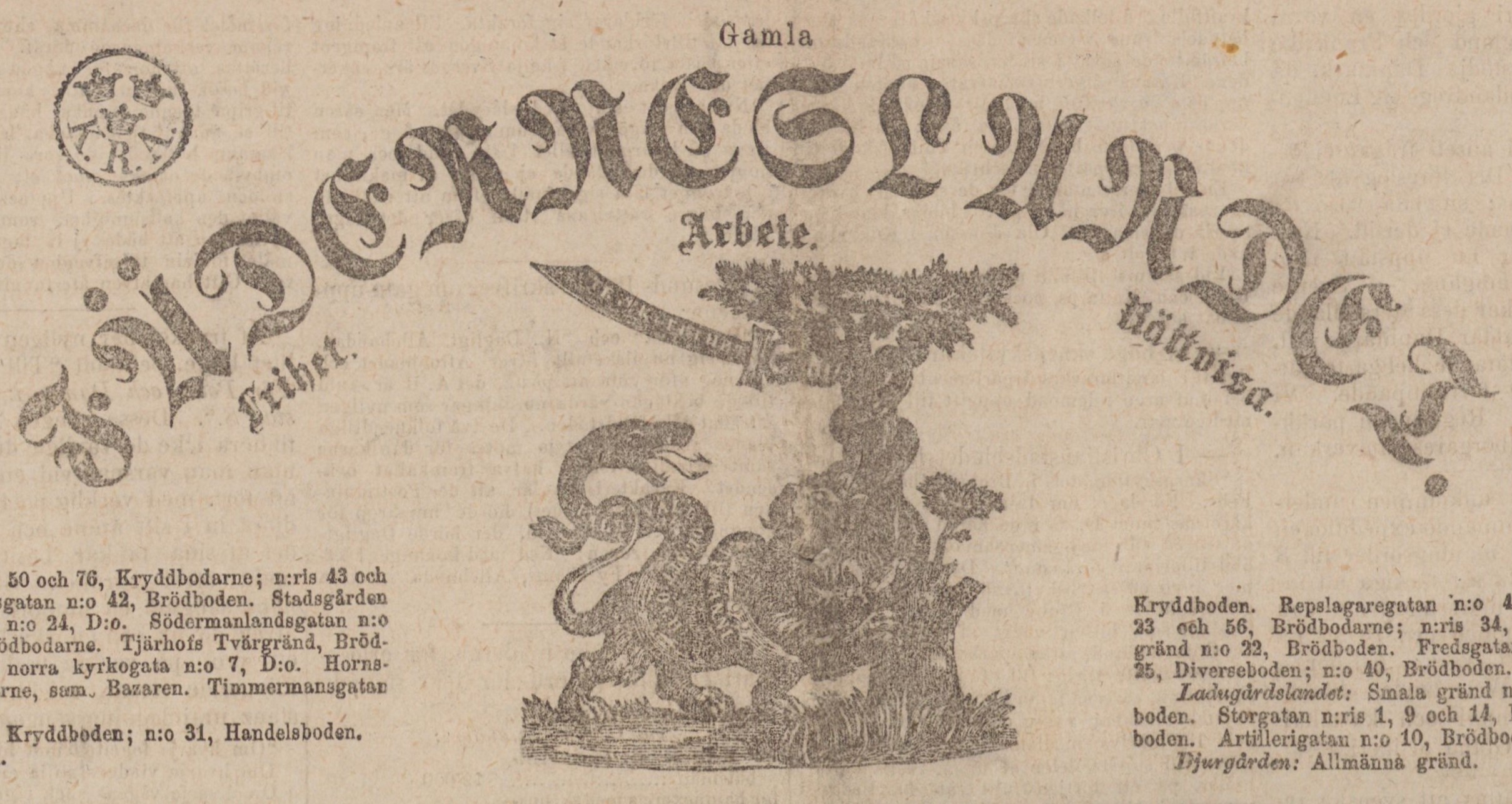 Del av gulnad tidningssida med rubriken Fäderneslandet och underrubriken Gamla fäderneslandet.