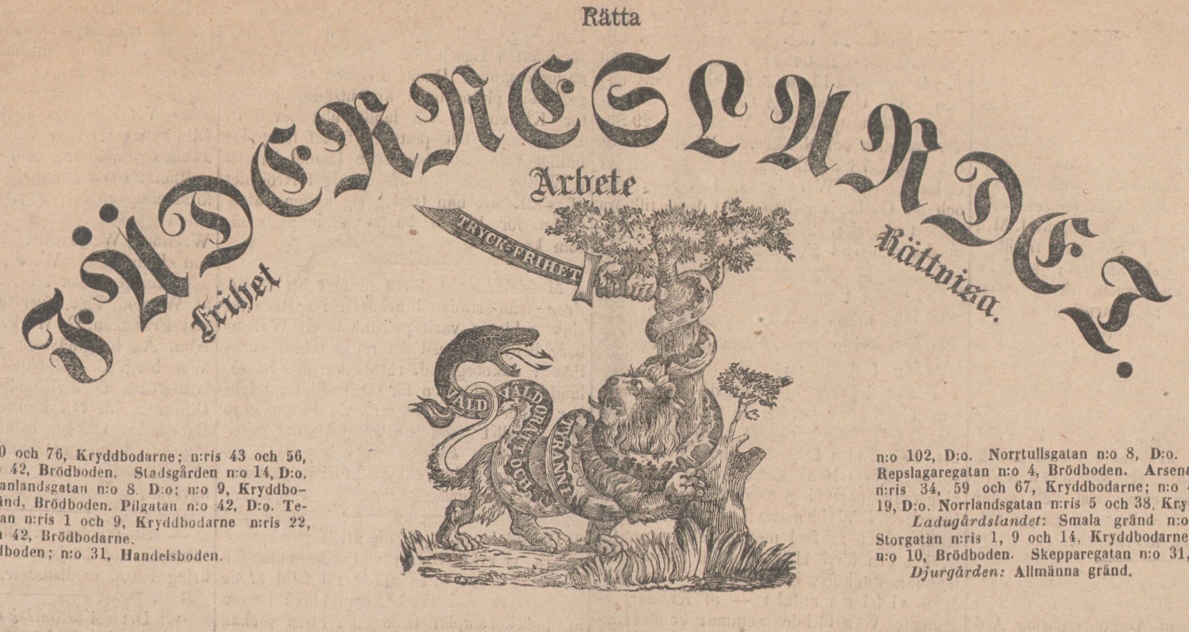 Del av gulnad tidningssida med rubriken Fäderneslandet och underrubriken Rätta fäderneslandet.