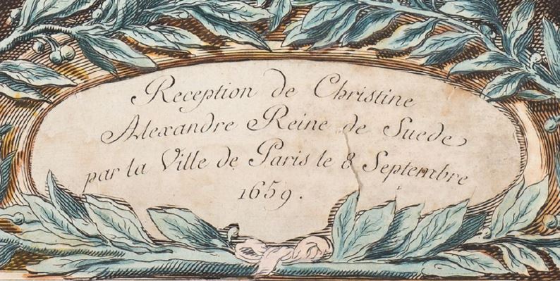 Oval papperslapp med en graverad titel på franska