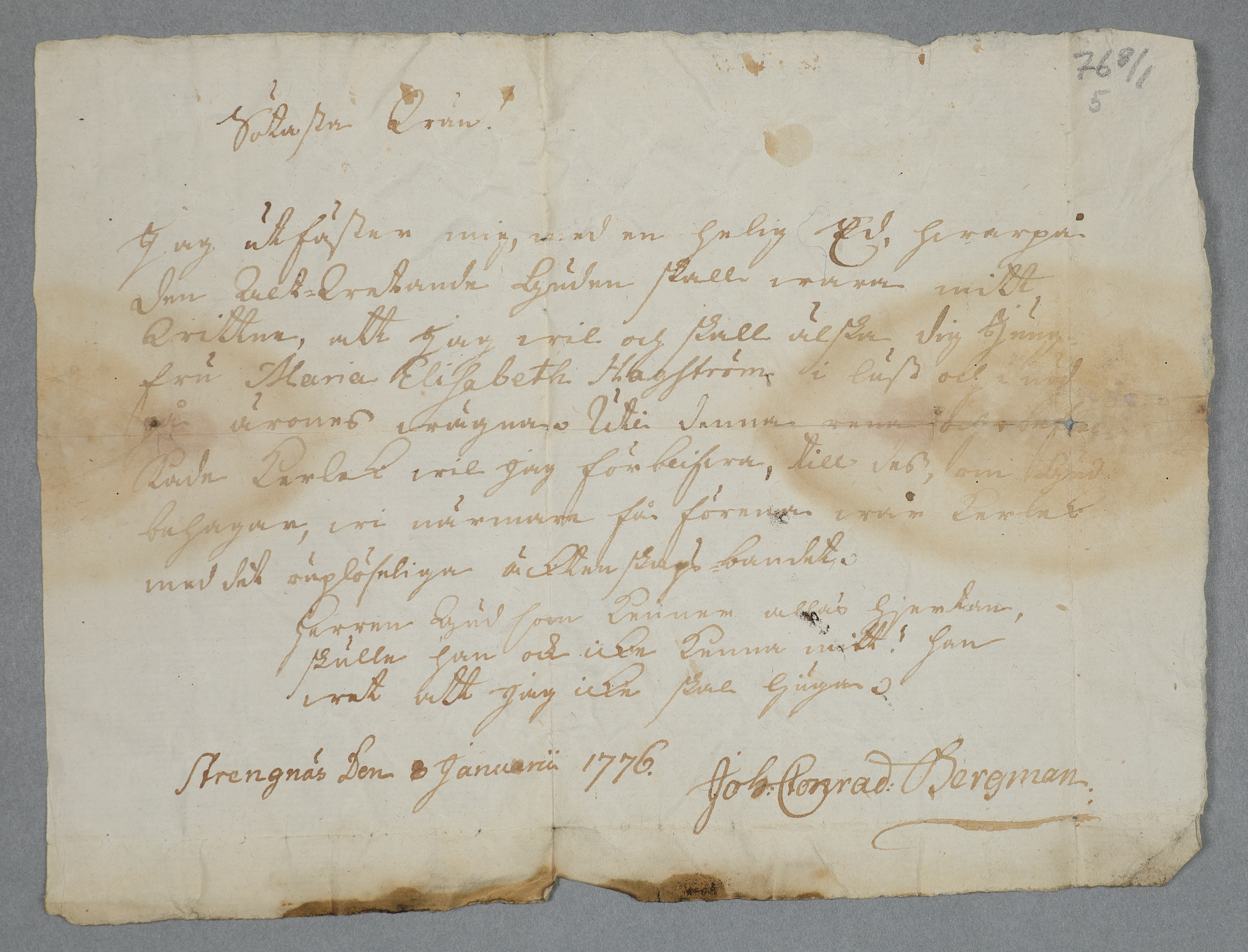 Kärleksbrev från 1776 på papper.