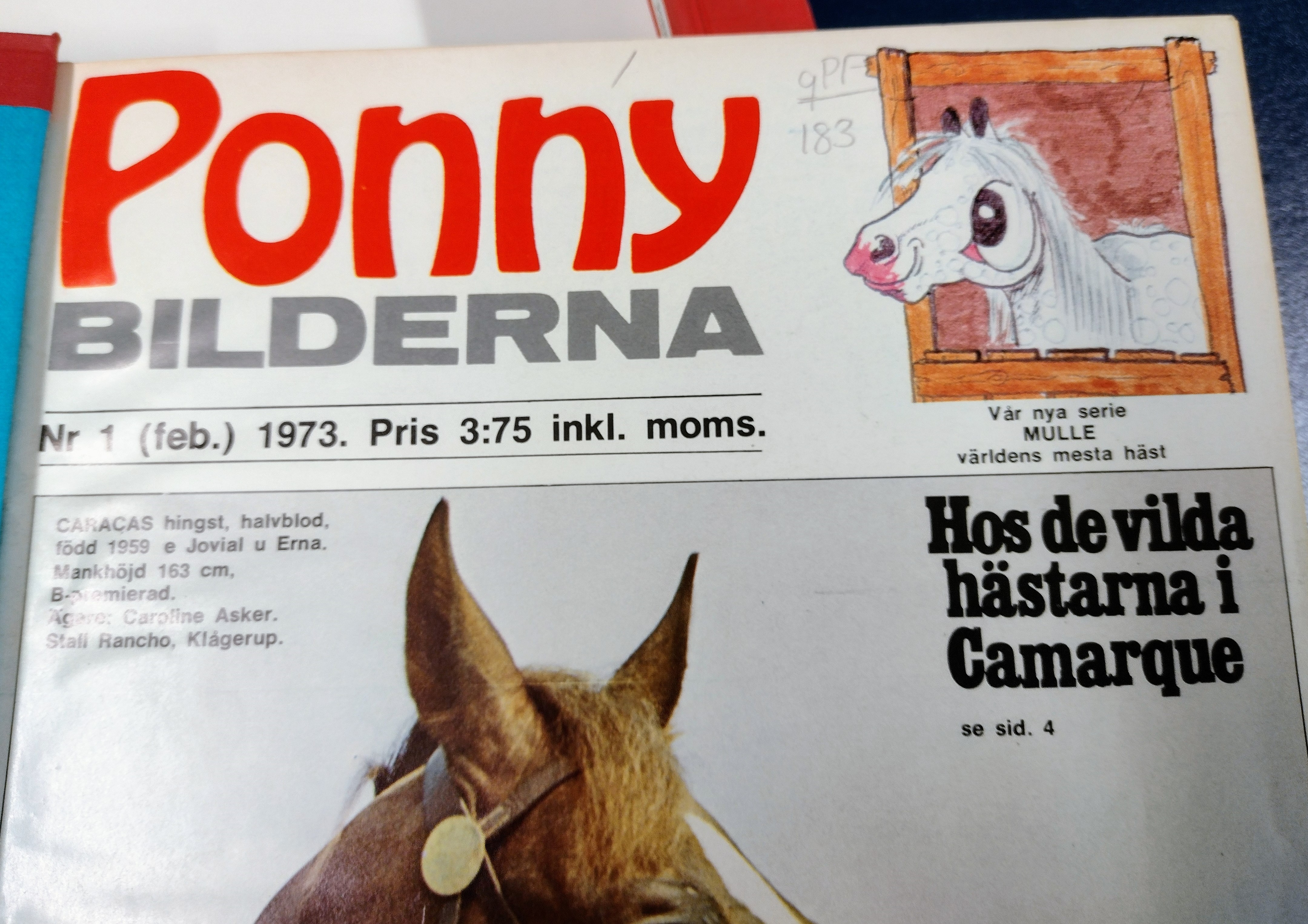 Övre halvan av ett tidskriftsomslag i färg, bundet i en volym. Överst till höger en tecknad bild av en häst, som sticker ut huvudet genom en stalldörr.