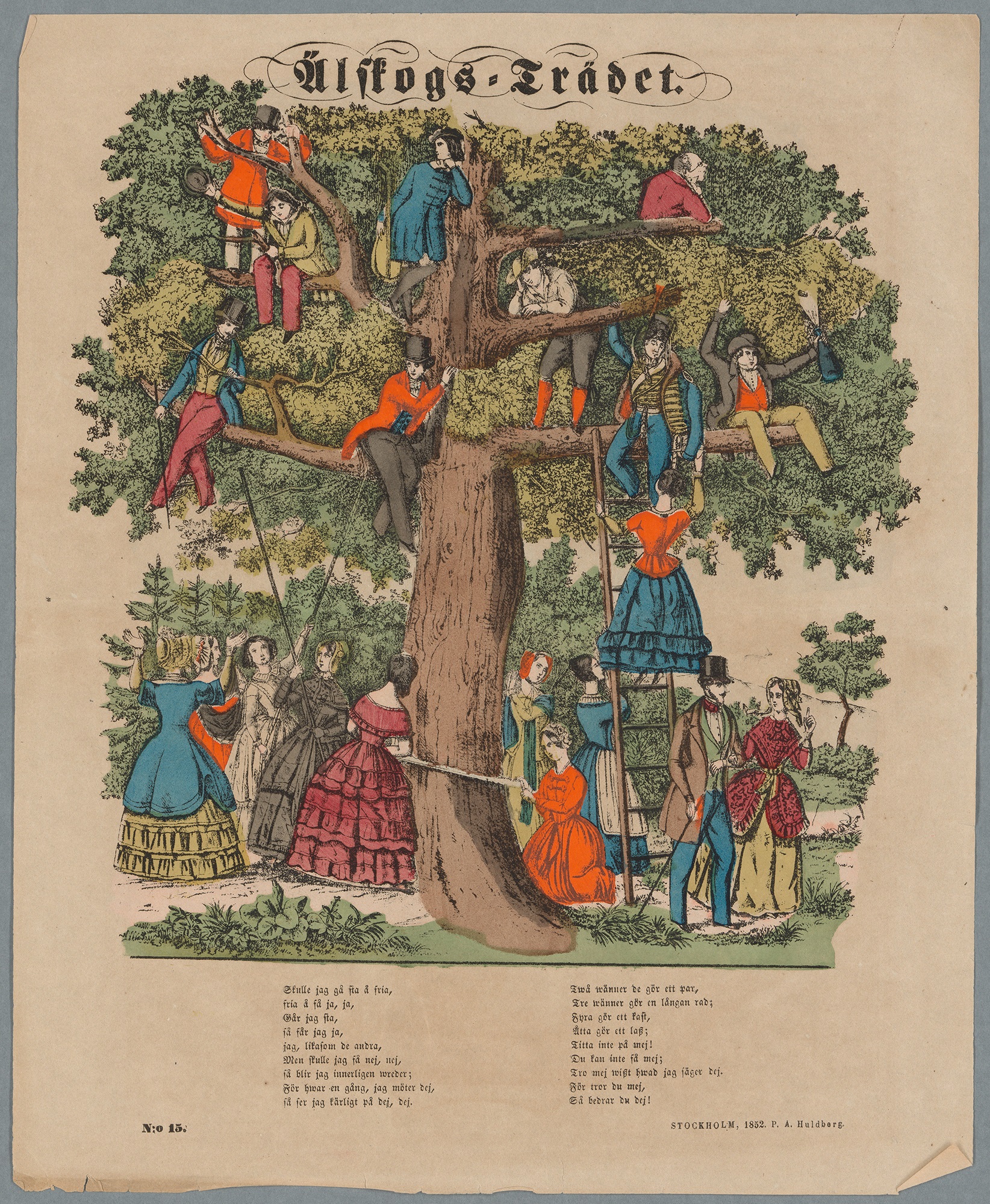 I ett träd sitter eleganta klädda ungkarlar. Nedanför står ett antal damer inställda på giftemål. För att få ner herrarna ur "unkarls-trädet" använder de olika metoder. En klättra upp på en stege, några andra använder långa pinna för att försöka peta ner herrarna ur trädet och vid trädets stam håller två av damerna på att såga ner hela trädet.