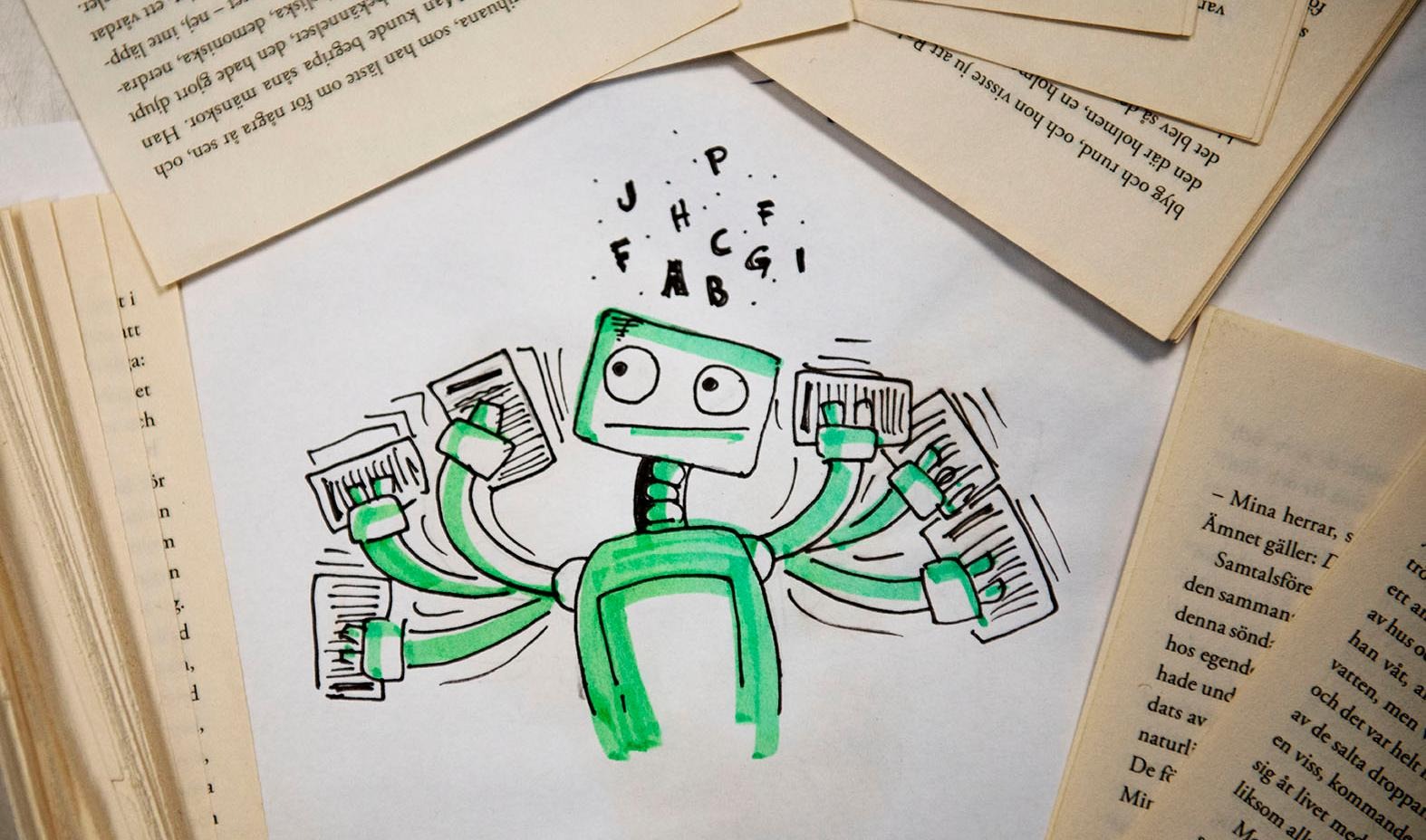 Teckning av grön robot med utsprida sidor ur bok runtom.