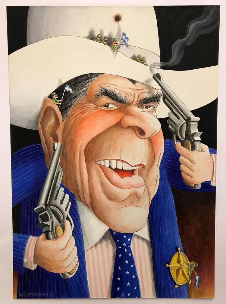 Karikatyr i färg föreställande president Ronald Reagan i cowboyhatt och med två revolvrar i händerna