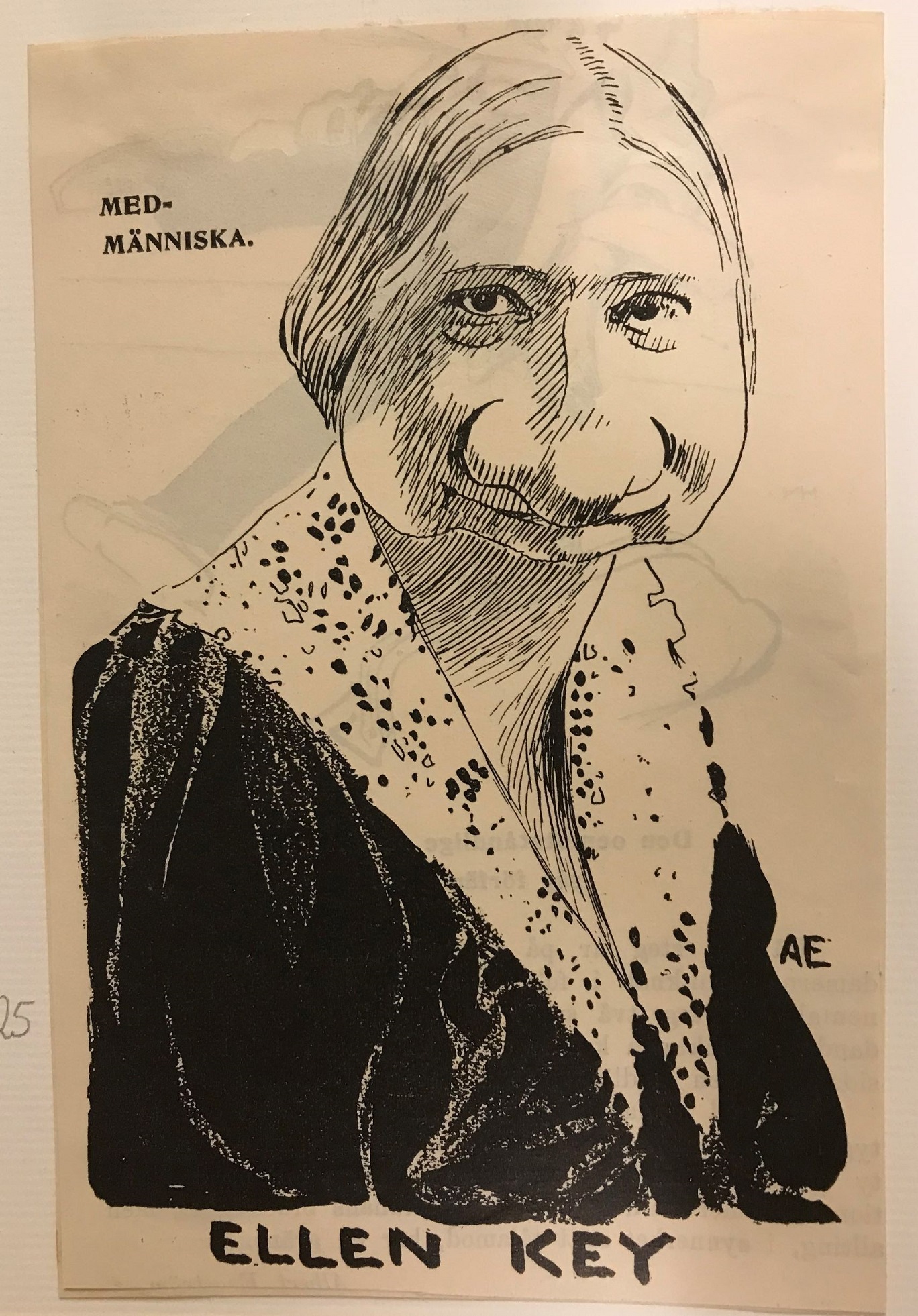 Karikatyr av Ellen Key med päronformat huvud och stor, rund näsa