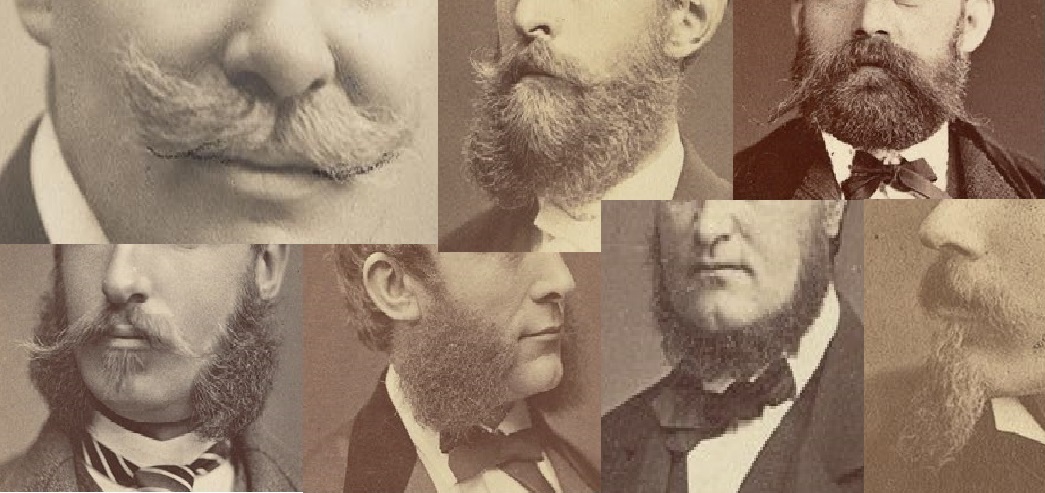Sju bilder av olika typer av skägg, mustasch och polisonger