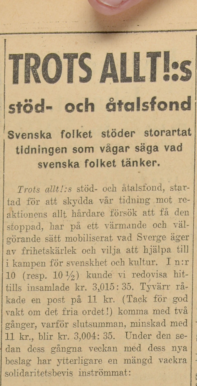 Gulnat tidningsklipp. Text: Trots allts!:s stöd- och åtalsfond