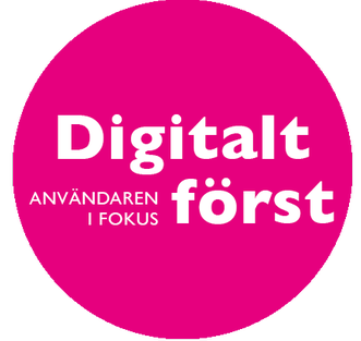 Logotyp för projektet Digitalt först med användaren i fokus. En rosa cirkel med vit text.