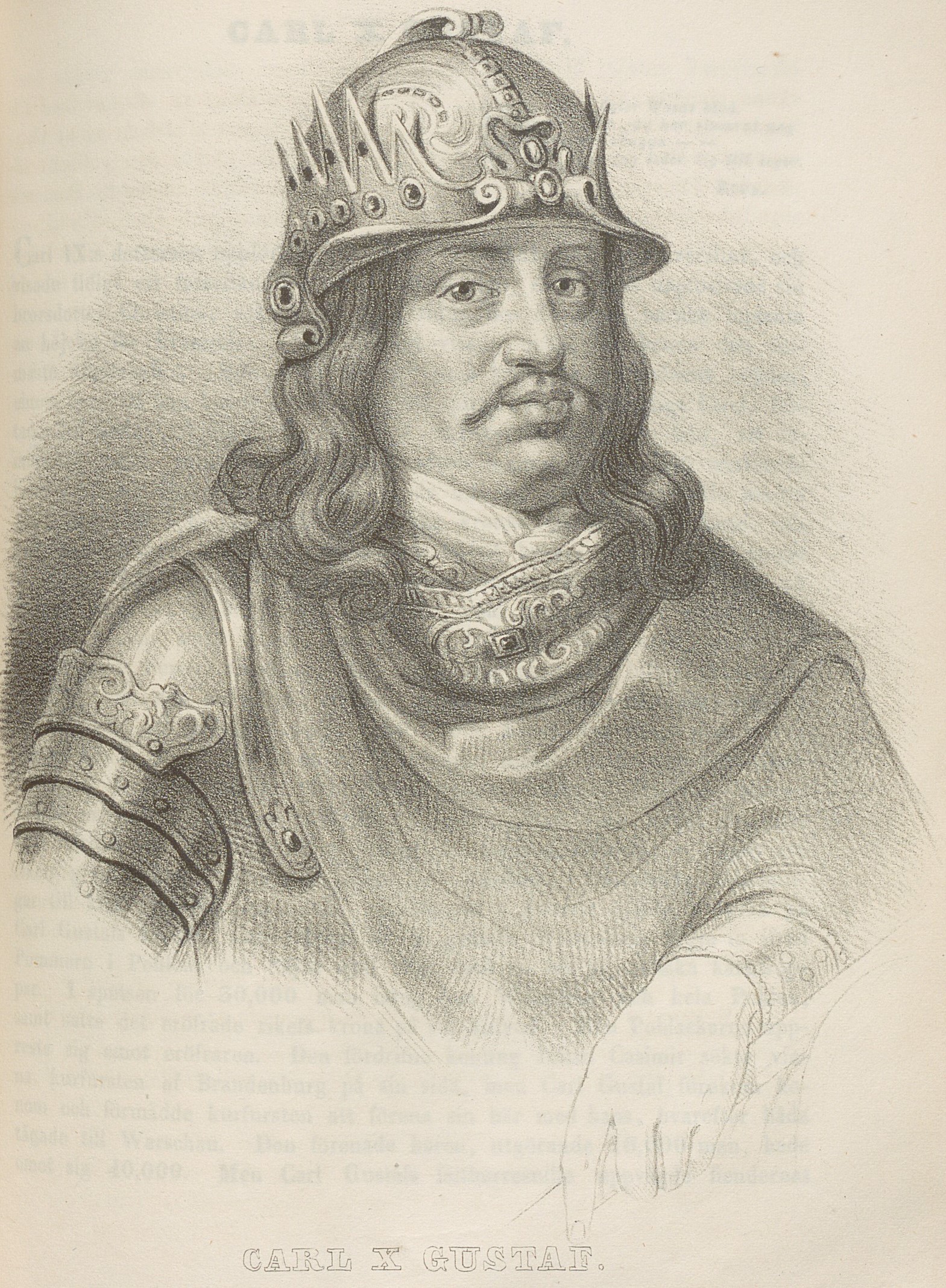 Svartvit planschbild av Karl XI, hjälm på huvudet, smal mustasch, rustning och halsduk. 