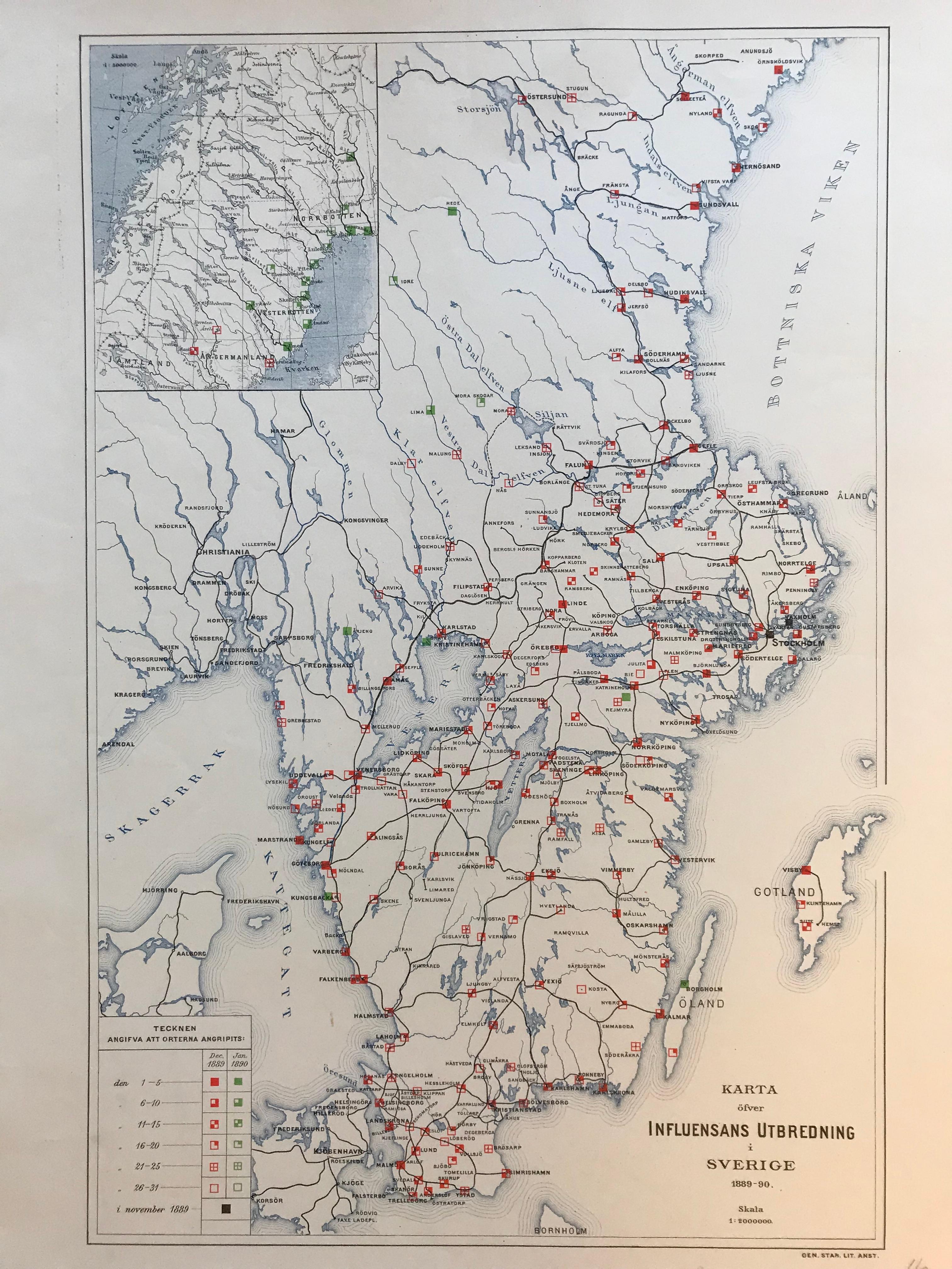Karta över hela Sverige, små röda och gröna fyrkanter spridda över landet.