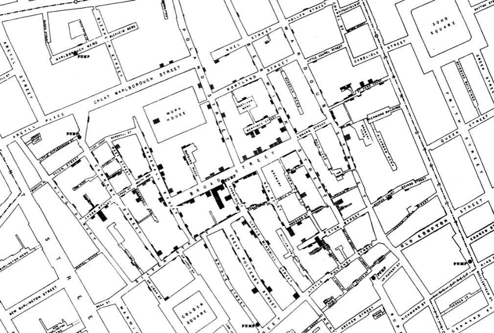 Karta i svartvitt över några kvarter i London. Svarta block markerar var människor insjuknat i kolera. Det är mer svart i mitten av kartan. (Källa: Wikimedia)