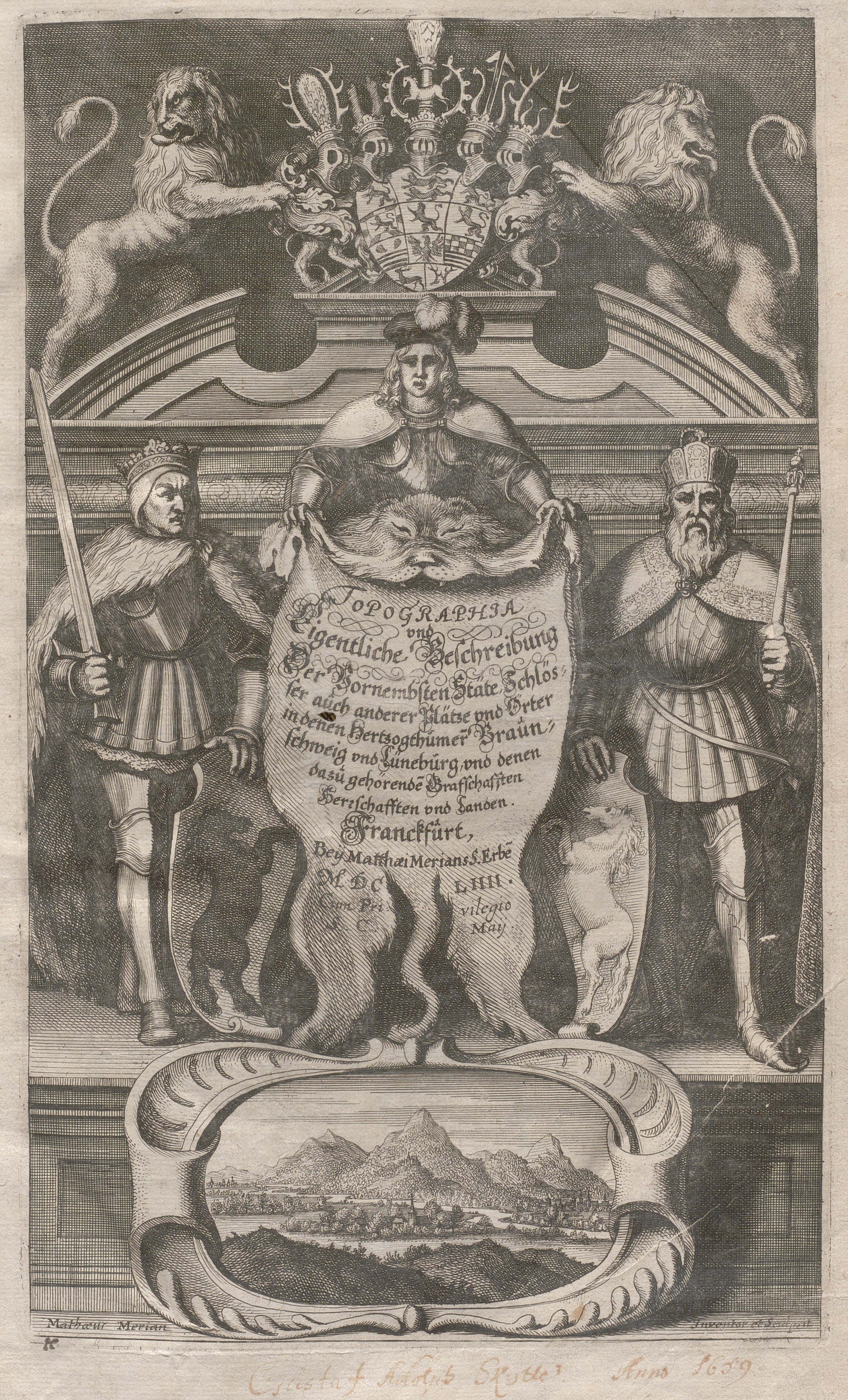 Titelblad med illustration av två kungar och en ädling i rustning som håller i ett björnskinn. Ovanför två lejon.