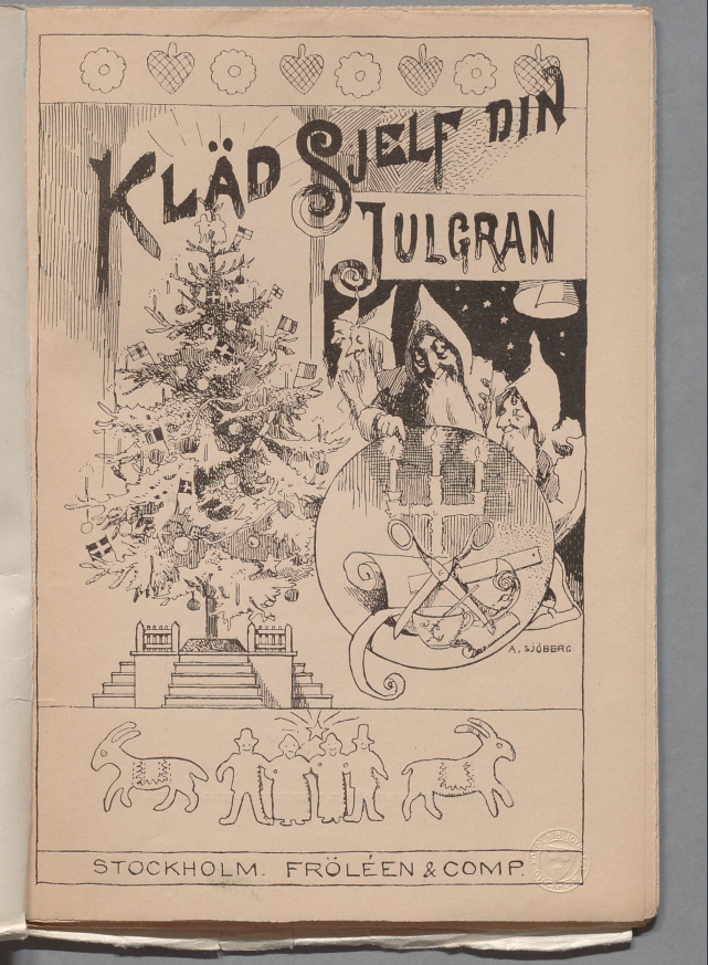 Foto av broschyr med titeln "kläd sjelf din julgran". Försättsblad med titel och teckningar i svartvitt av julpynt, julgran och tomtar.