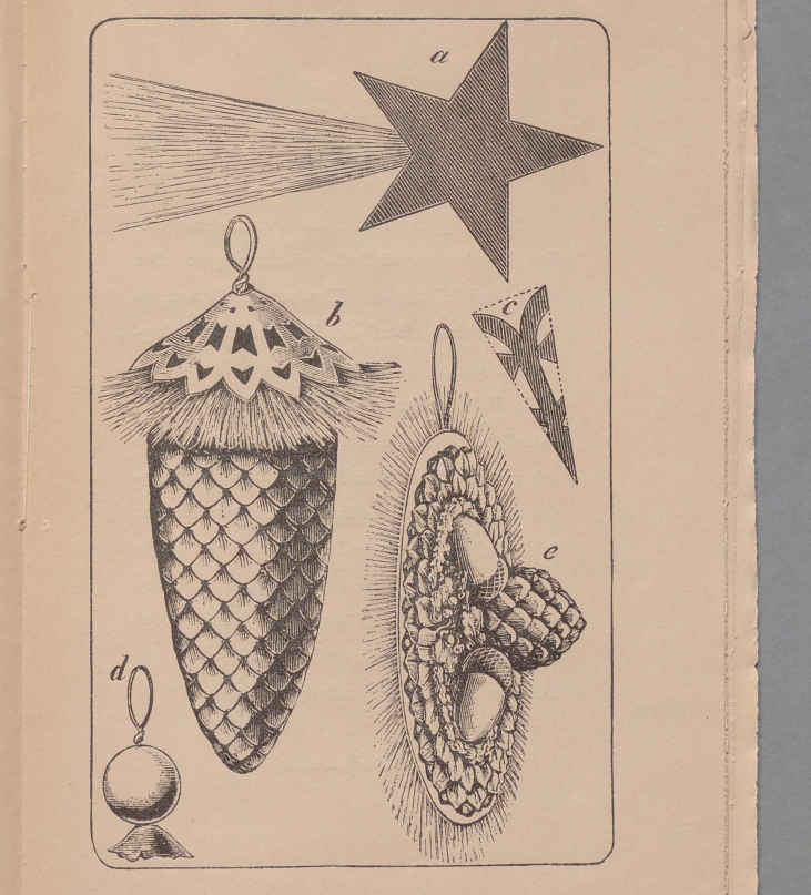 Foto av tecknad broschyrsida med julpynt i form av kometer, kottar och medaljonger.