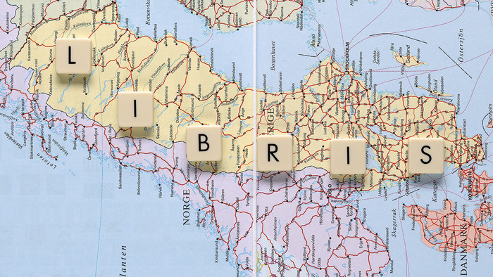 Karta över Norge och Sverige med texten "Libris" placerad över.