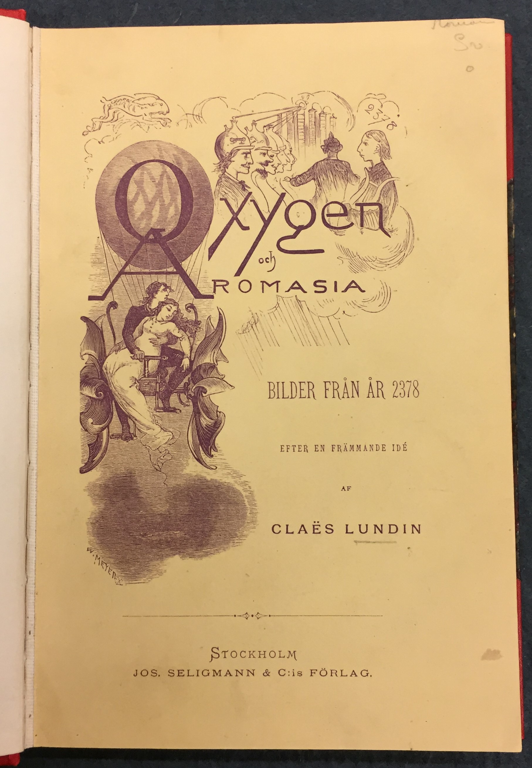 Titelsida till Oxygen & Aromasia med svartvit illustration av bland annat ett par i en fantasifull flygmaskin.