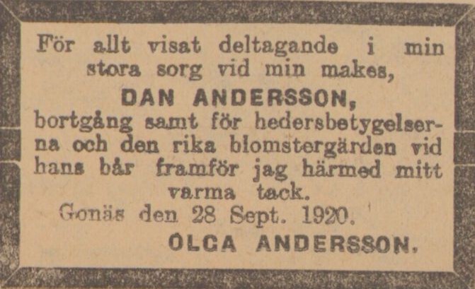 Gulnat tidningsklipp. Text: För allt visat deltagande i min stora sorg vid min makes, Dan Andersson.