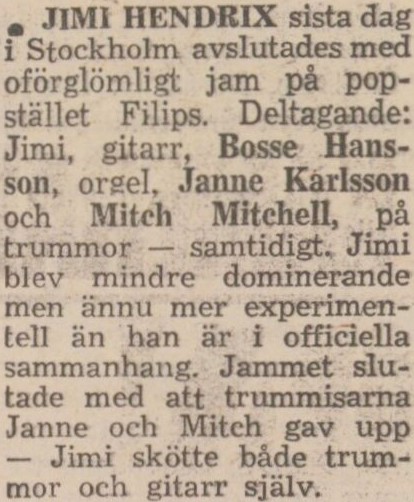 Gulnat tidningsklipp. Text: Jimi Hendrix sista dag i Stockholm avslutades med oförglömligt jam.