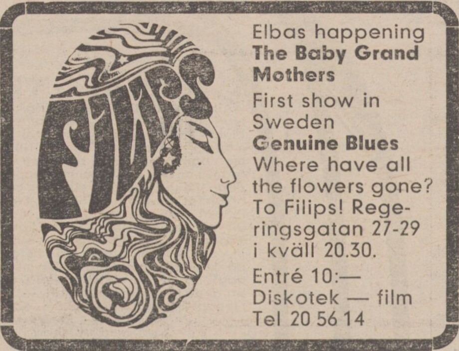 Tidningsklipp. Text: Elbas happening The Baby Grand Mothers.