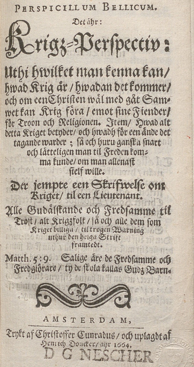 Titelsida på gult lumppaper med text i frakturstil, gotiska bokstäver: Perspicillum bellicum.