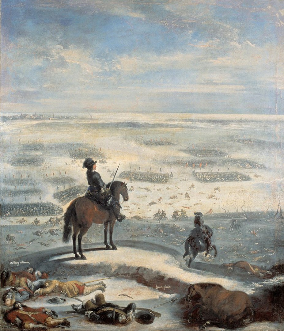 Målning med man på häst och med värja i förgrunden, längre bort ses soldater ta sig fram över isen.