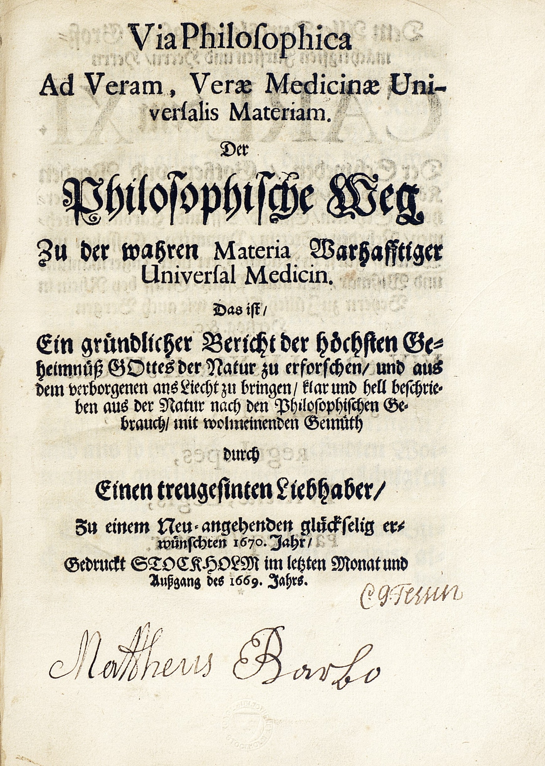 Titelsida på lumppapper med text i frakturstil: Via philosophica Ad Veram. Längre ner namnteckning av Carl Gustaf Tessin