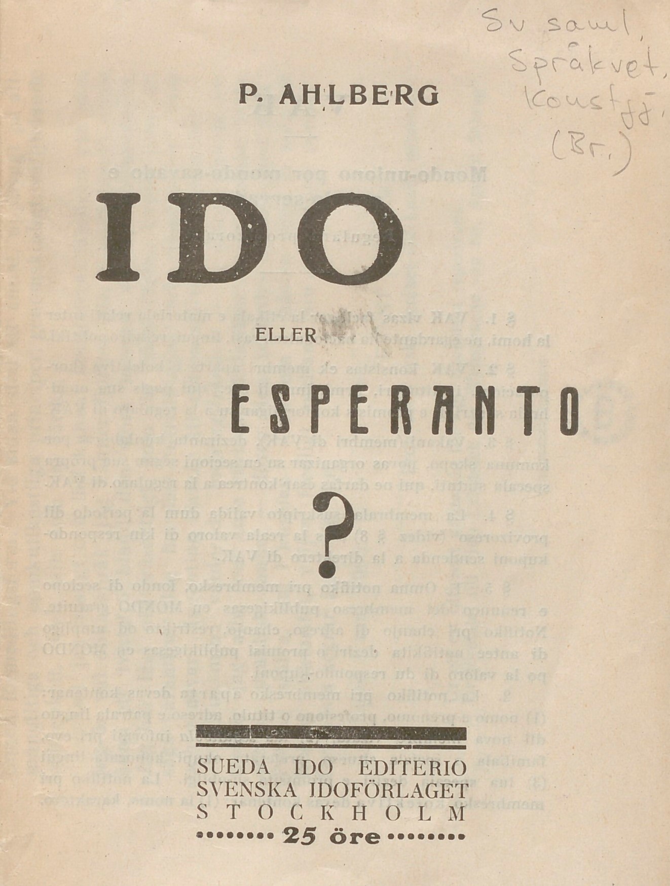 Broschyromslag. Text: Ido eller esperanto?