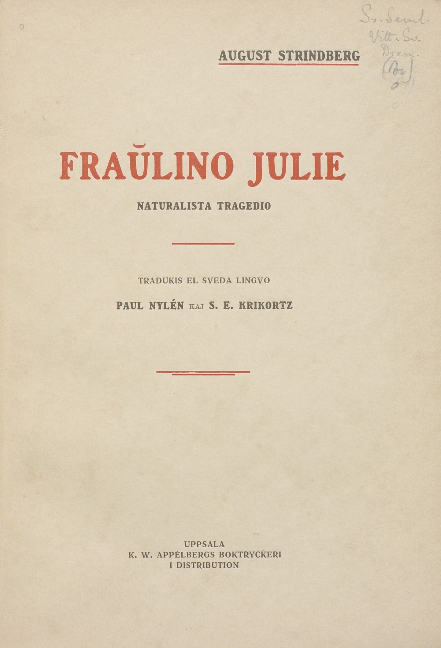 Broschyromslag. Text: August Strindberg Fraulino Julie. 
