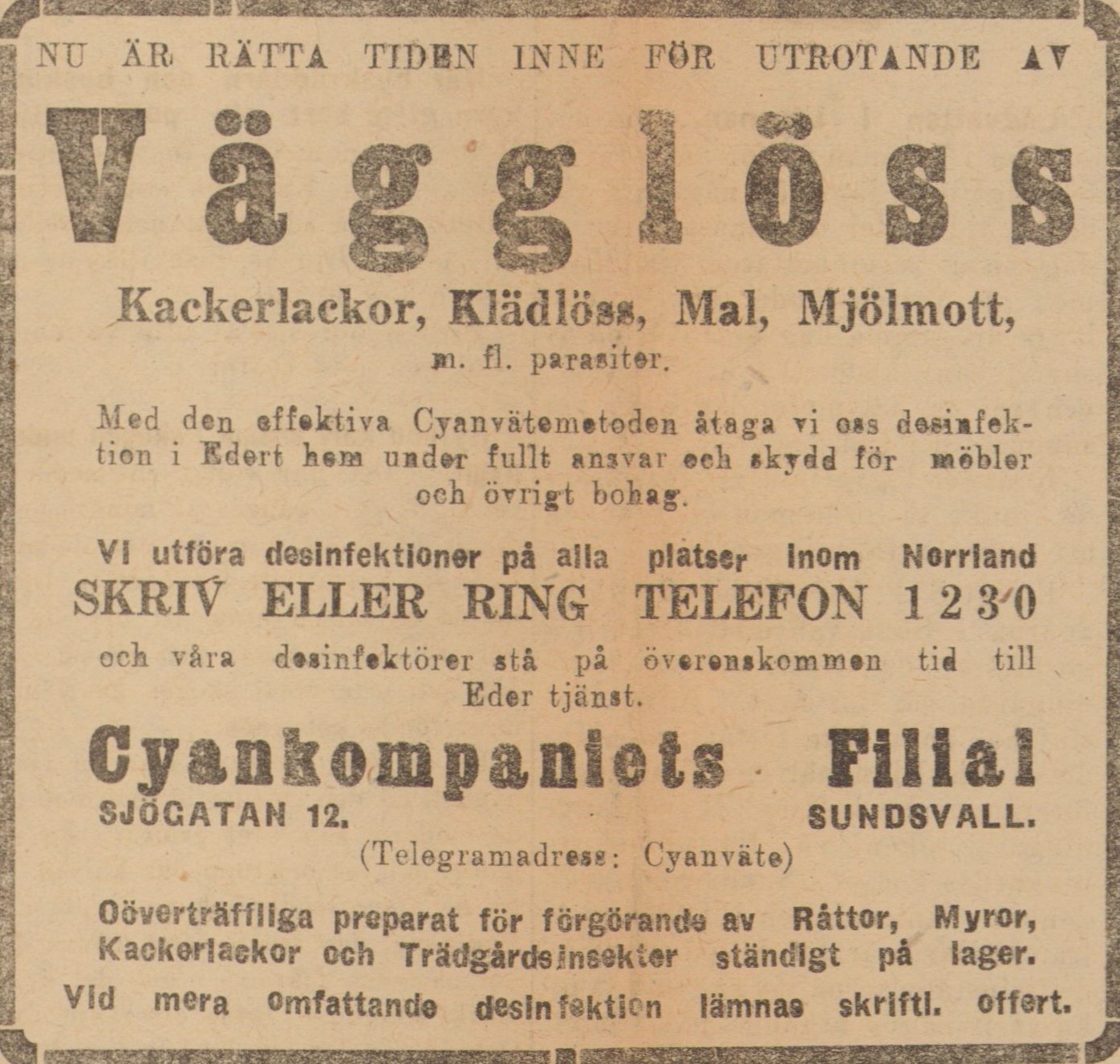 Tidningsreklam för cyanväte från 1921, annonsen har en svart ram som omger texten.
