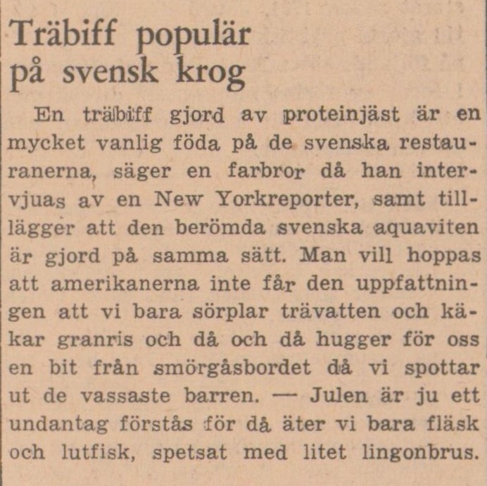 Gulnat tidningsklipp med rubriken: Träbiff populär på svensk krog.