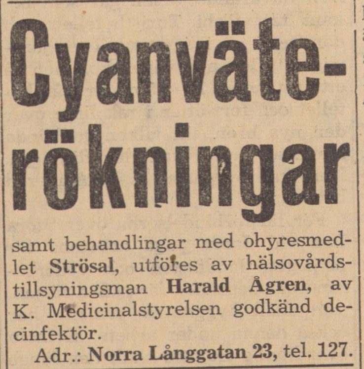 Tidningsreklam för cyanväterökning från 1939