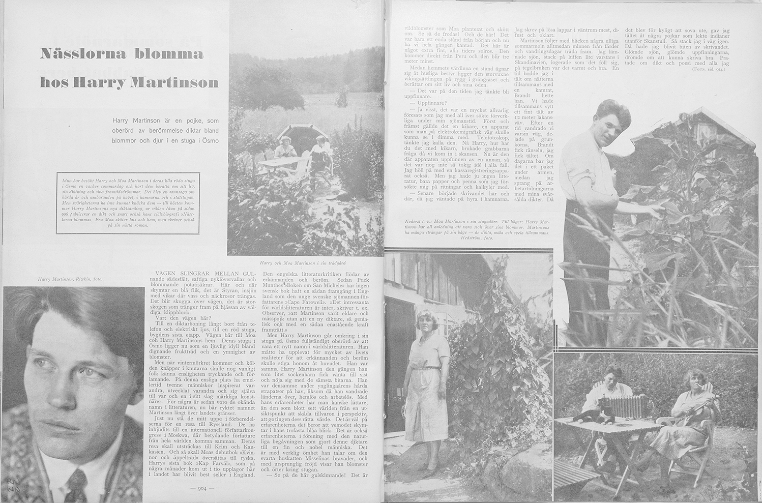 Uppslag från tidskrift, bilder på Harry och Moa. Text: Nässlorna blomma hos Harry Martinson.