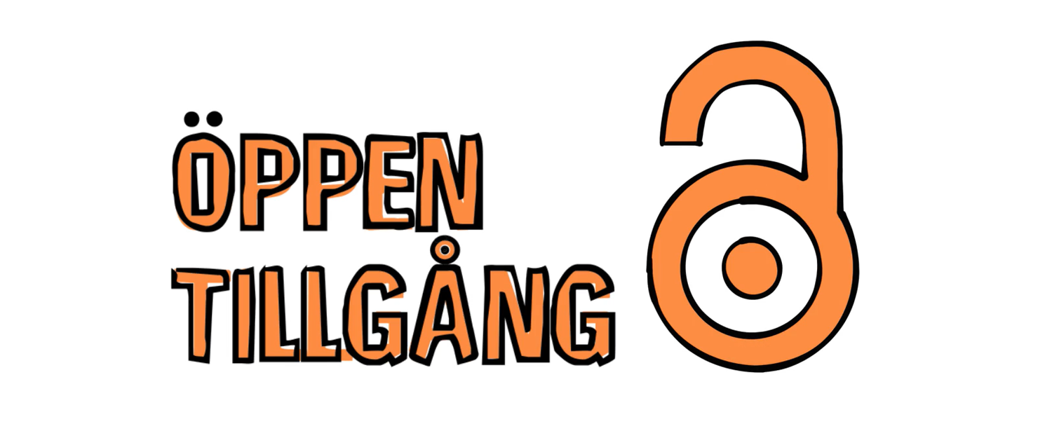 En illustrerad logotyp för öppen tillgång, med orange text och ett öppet hänglås i samma färg.