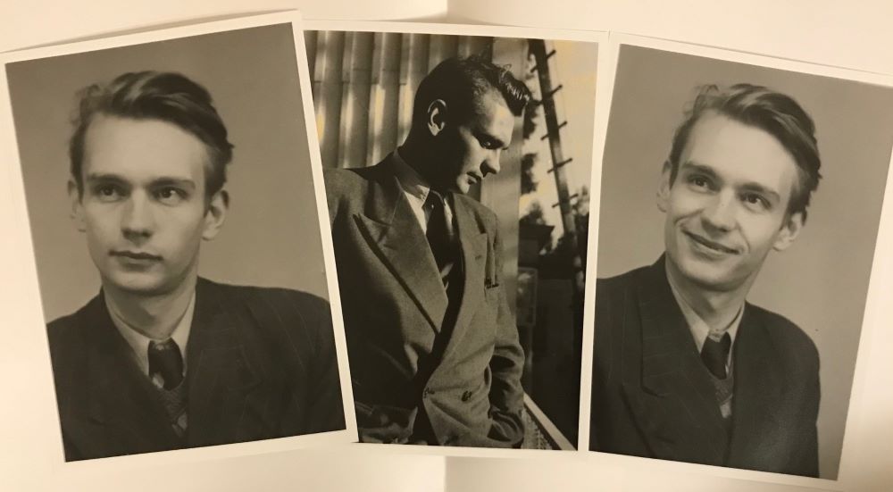 Tre svartvita fotografier av en ung man klädd i slips och kostym.