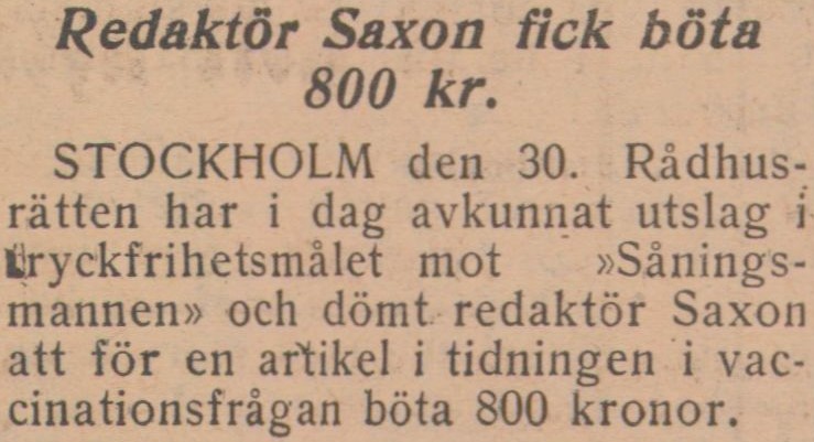Gulnat tidningsklipp. Text: Redaktör Saxon fick böta.