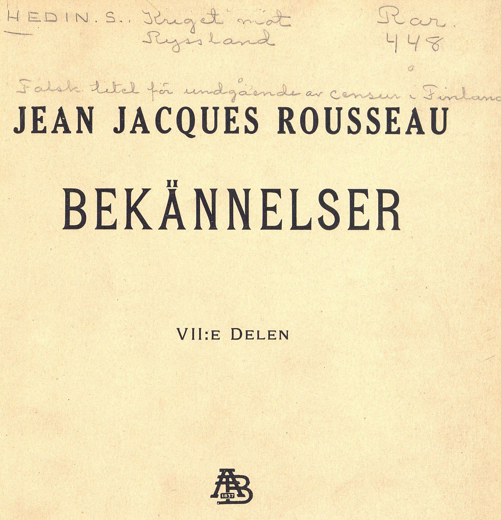 Falskt omslag som lyder "Jean Jacques Rousseau: Bekännelser. VII delen", egentligen innehåller boken Sven Hedins "Kriget mot Ryssland".
