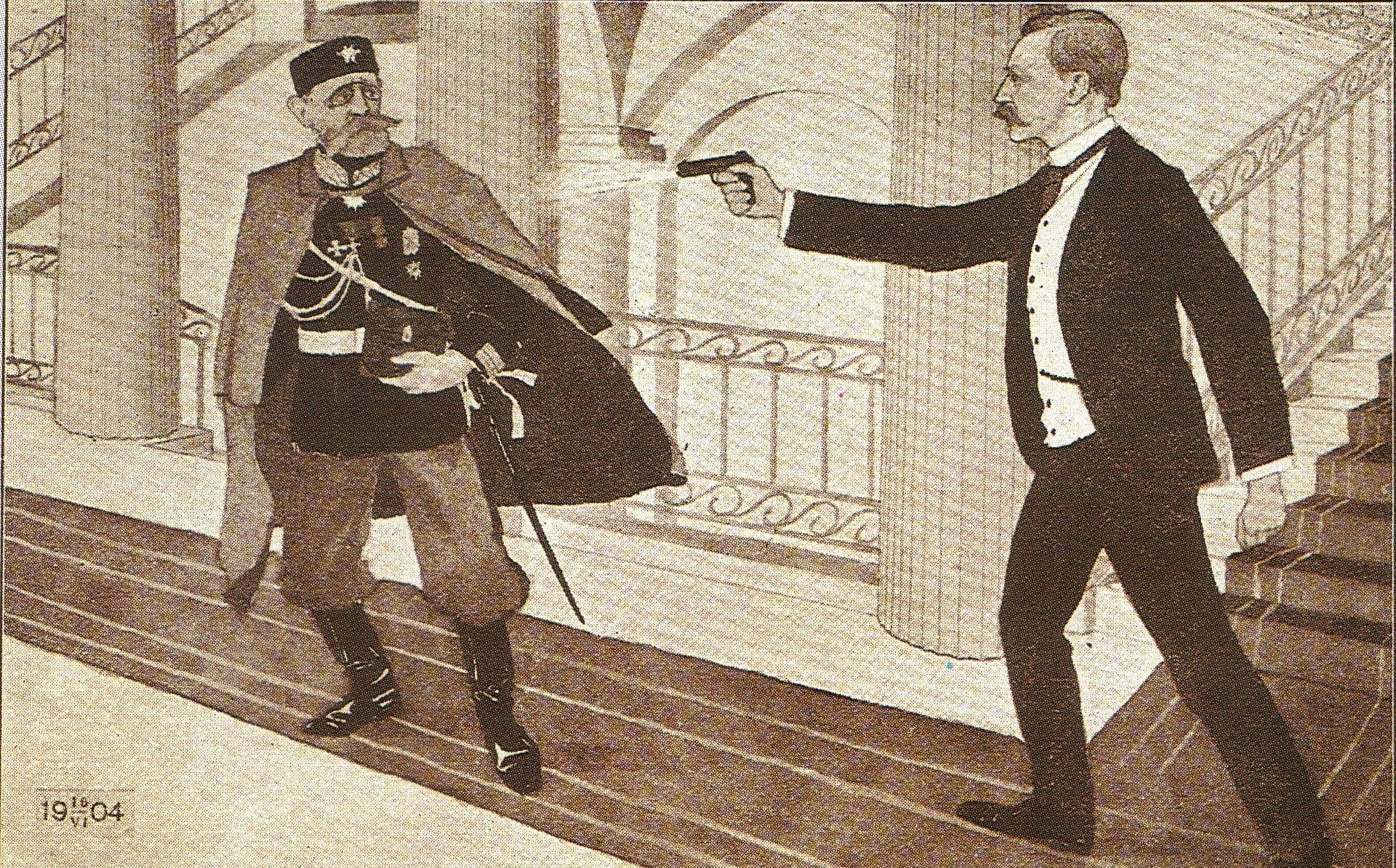 Teckning av kostymklädd Eugen Schauman som skjuter uniformsklädd Bobrikov i finska senatens byggnad.