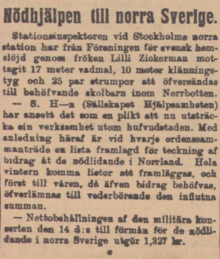 Tidningsnotis från Stockholmstidningen den 18 december 1902 om nödhjälp till Norrland anordnad av Sällskapet Hjälpsamheten