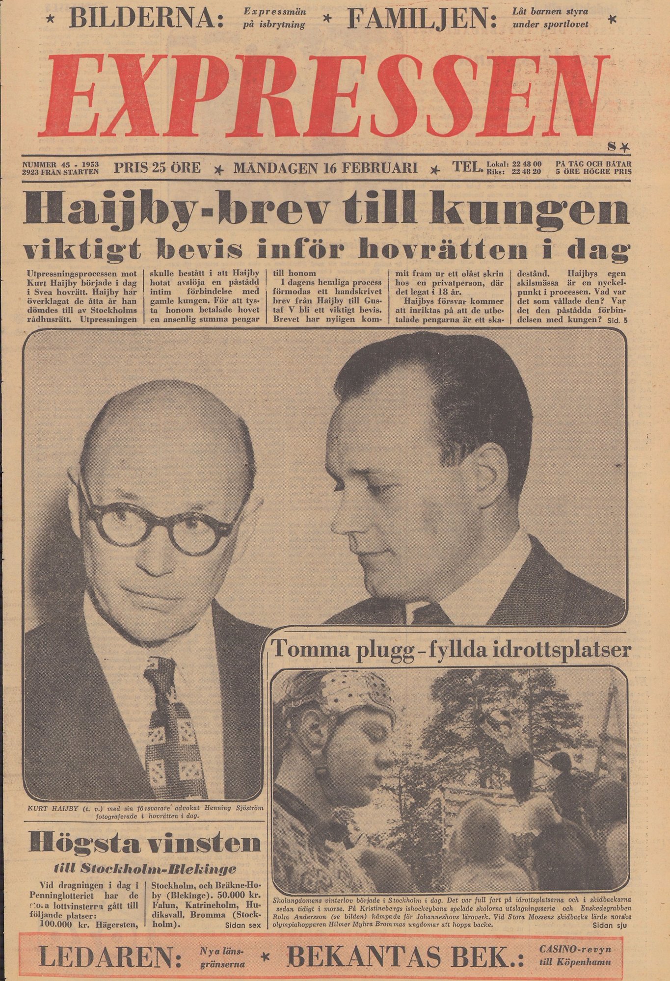 Tunnhårig Kurt Haijby till vänster med runda glasögon, kostym och slips. Till höger kostymklädde advokat Henning Sjöström